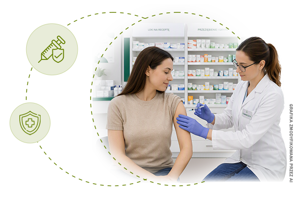 Farmaceutka szczepi kobietę w aptece.